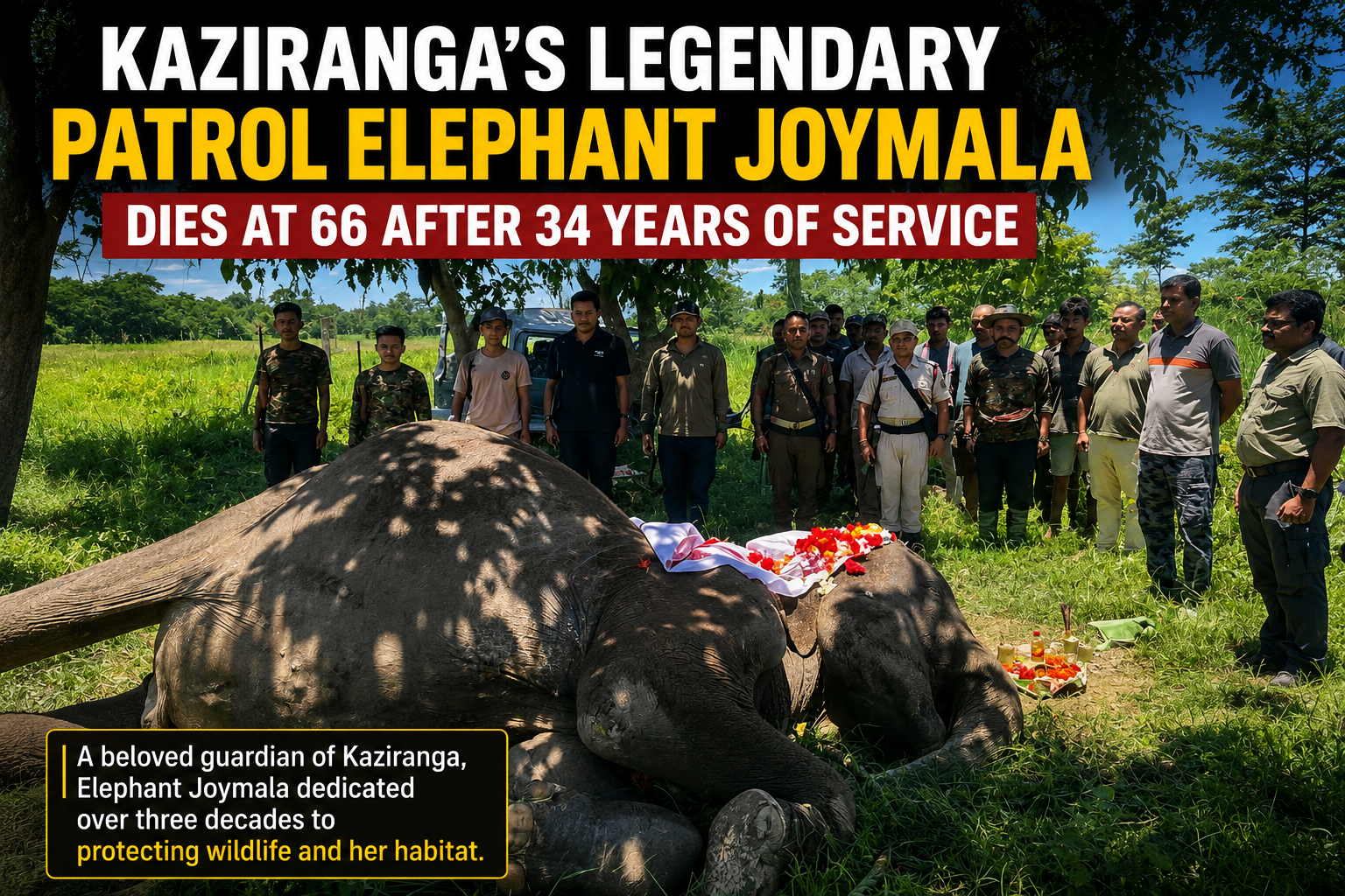 Kaziranga’s Legendary Patrol Elephant Joymala Dies at 66 After 34 Years of Service